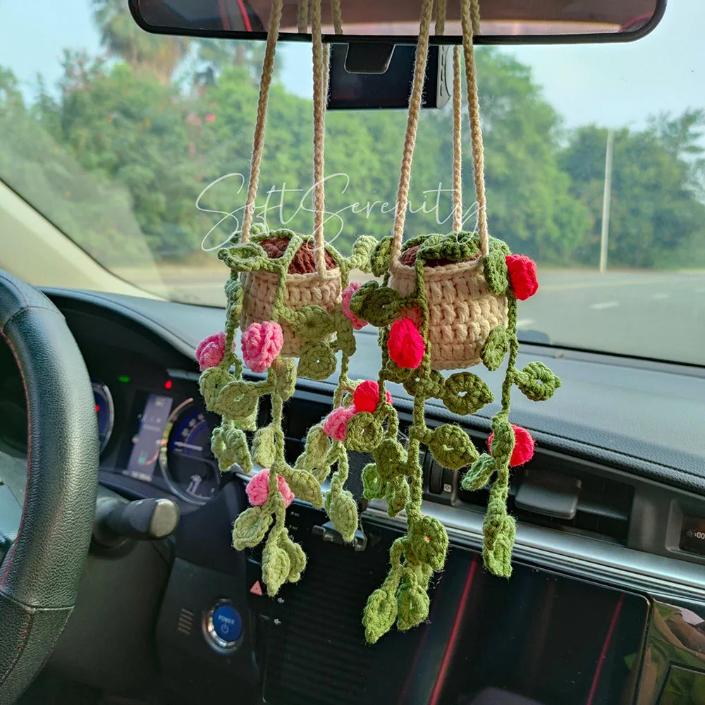 Car Plant Hanging For Women, Handmade Crochet  Adorable Car Rear View Mirror Decoration Accessories