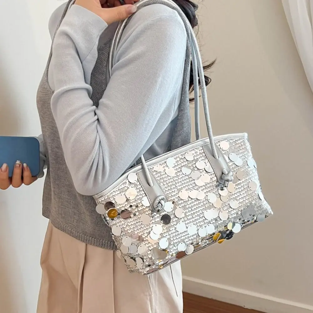 Fashion Shiny Sequin Tote Bag Fashion Sequined Glitter Shoulder Bag Large Underarm Bag Evening Bag Girls