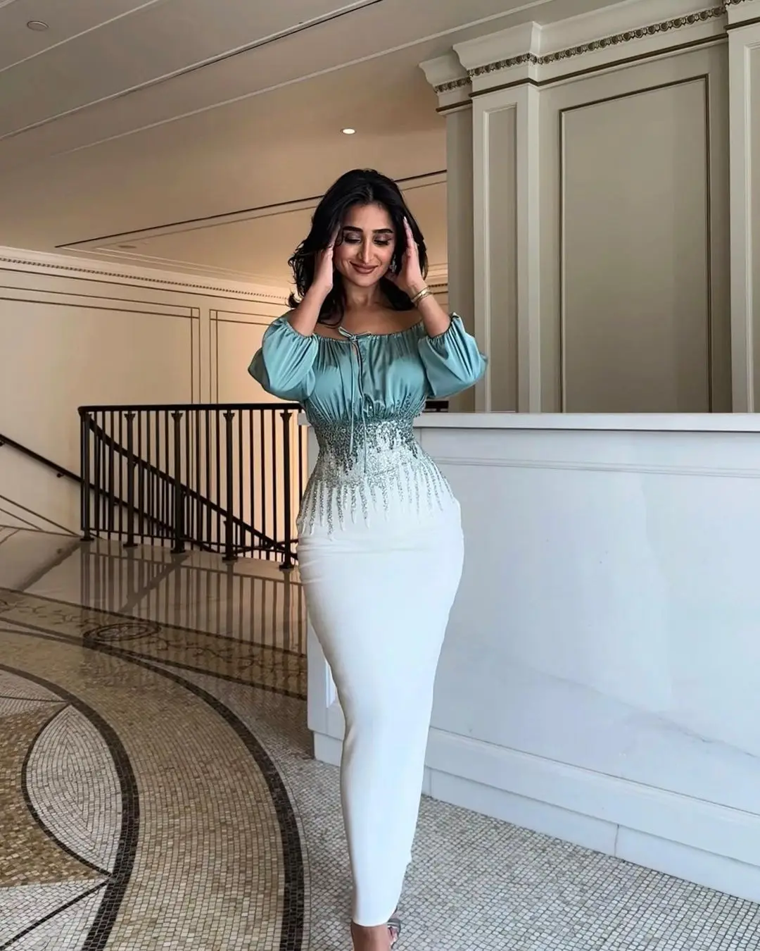 Vintage Mermaid Long Sleeves Evening Dresses Off The Shoulder Beadings Pleated Backless Ankle Length Formal Prom Dresses