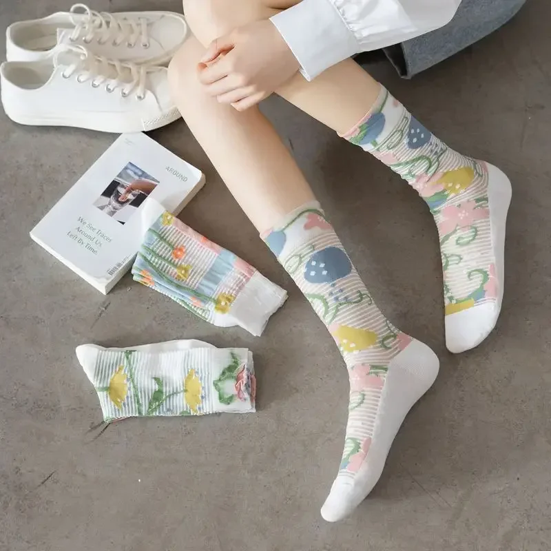 

Flower Embroidery Silk Socks Summer Ultra-thin Transparent Elastic Crystal Long Socks Hollow Out Thin Breathable Mesh Lace Socks