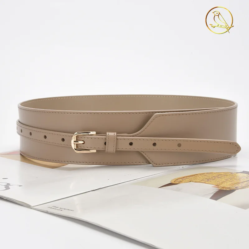 เข็มขัดหนังแท้กว้าง 5.8 ซม. หัวเข็มขัดแบบหมุด ดีไซน์ทันสมัย สไตล์วินเทจ สำหรับตกแต่งเสื้อโค้ท ชุดเดรส เข็มขัดรัดเอวสูงสำหรับผู้หญิง