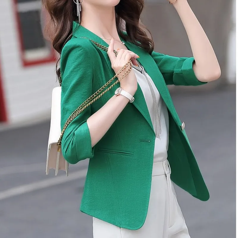 2025 Summer Suit Coat For Women Lapel Three Quarter Sleeve Single Button Cotton Linen  Blazers Female Work Office Jackets Coats