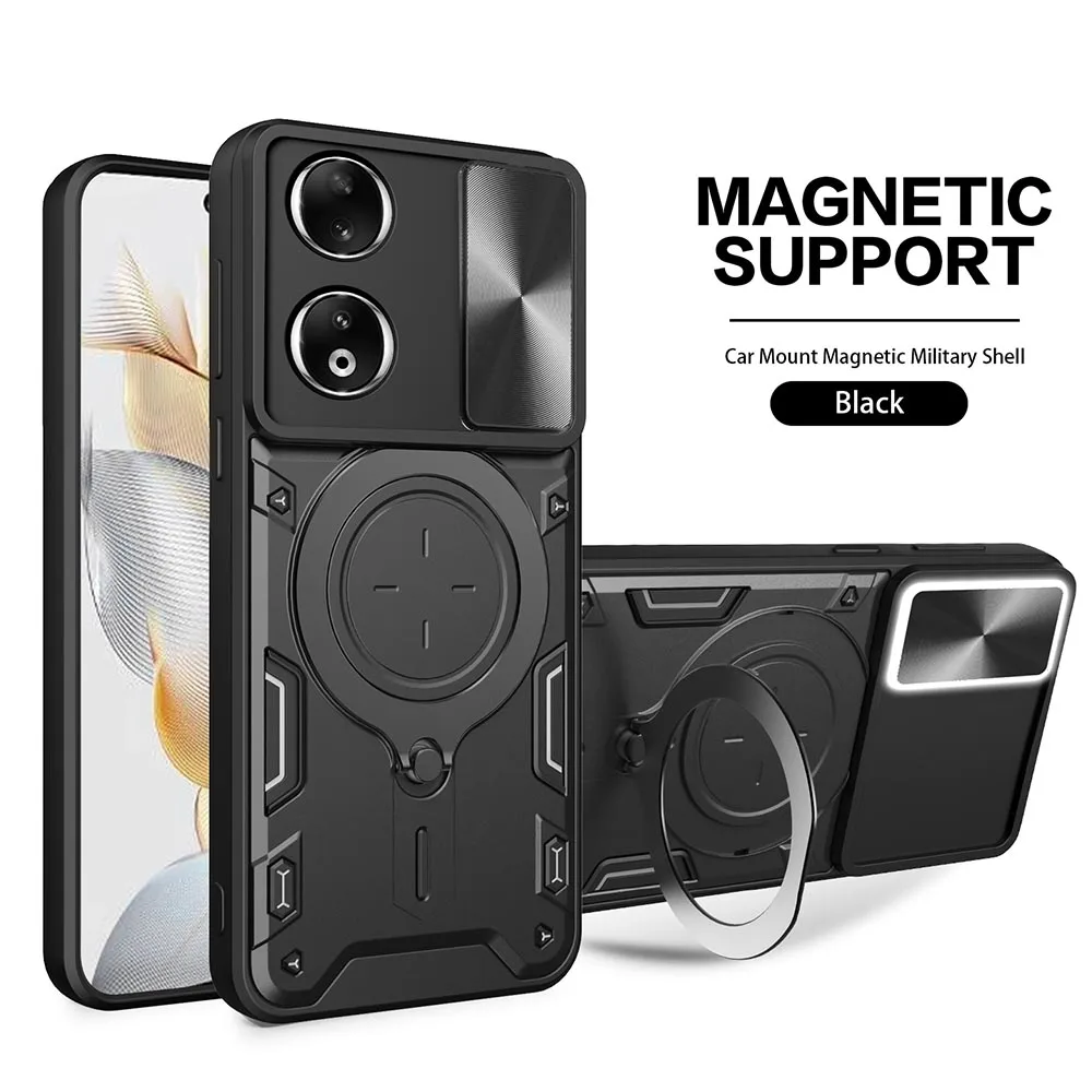 for Huawei Honor 90 Case Slide Camera Luxury Car Mount Magnetic Holder Soft Edges Hard Cute Phone Cover Honor90 REA-AN00 REA-NX9