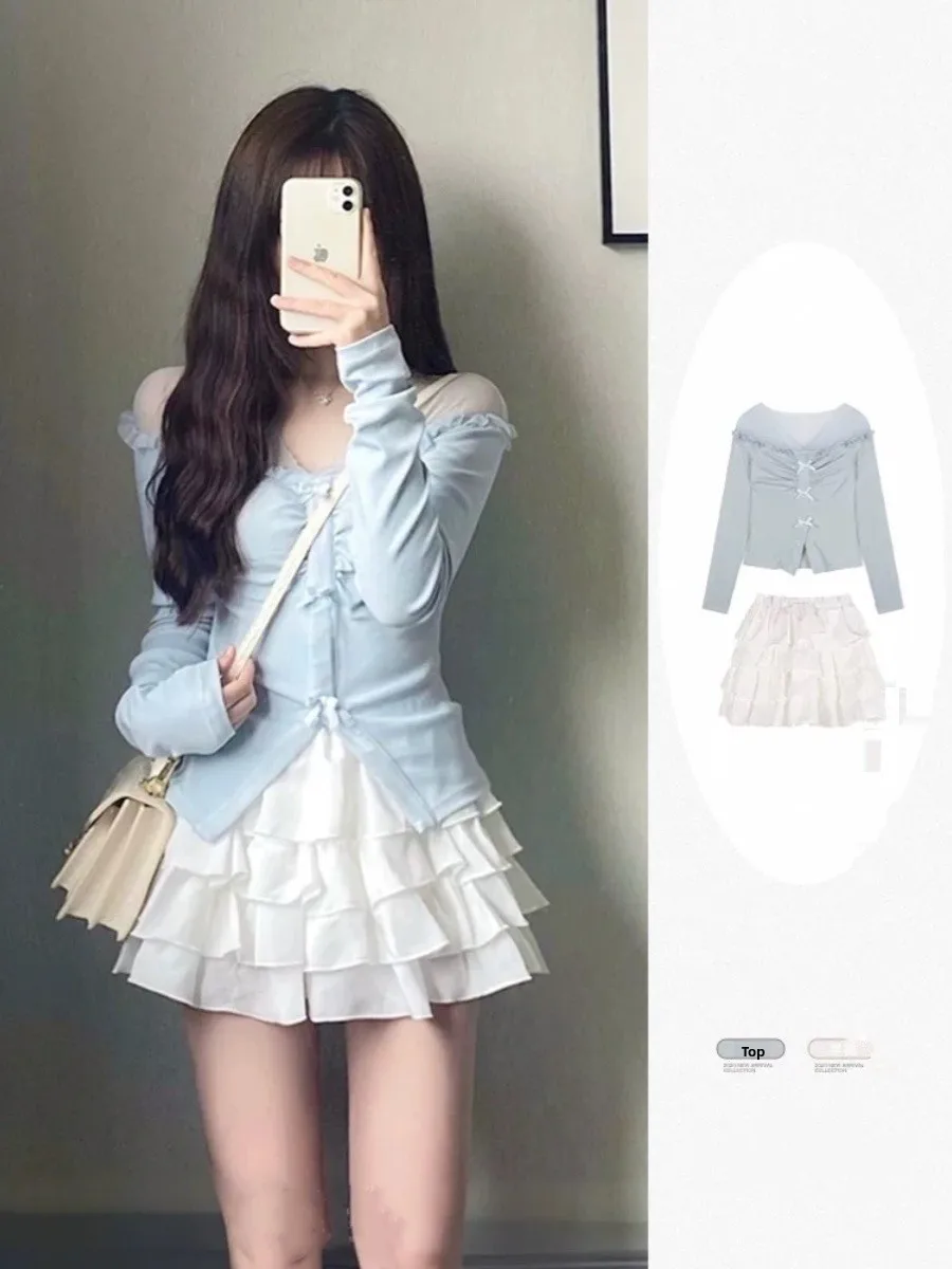 

Ballet Sle Knitted Sweater Cake Skirt Two-Piece Set Women's Autumn Winter Slim Fit Sweet Spicy Small Size Faion Set