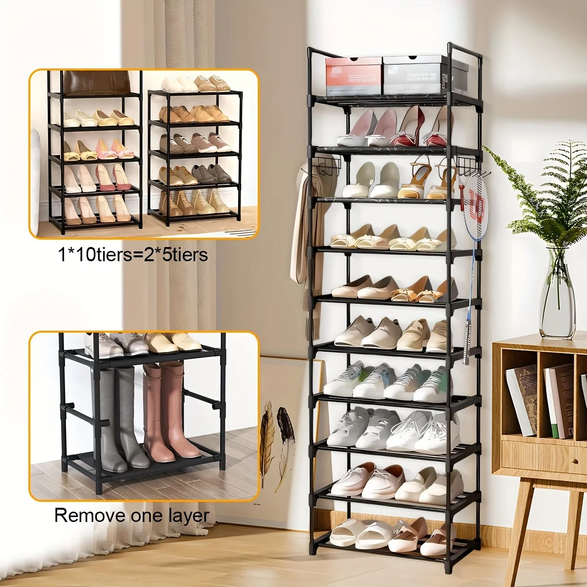 

2 комплекта компактных узких 10-ярусных подставок для обуви: изготовлены из усиленного железа и нетканого материала, 1 комплект вмещает 20-25 пар обуви.