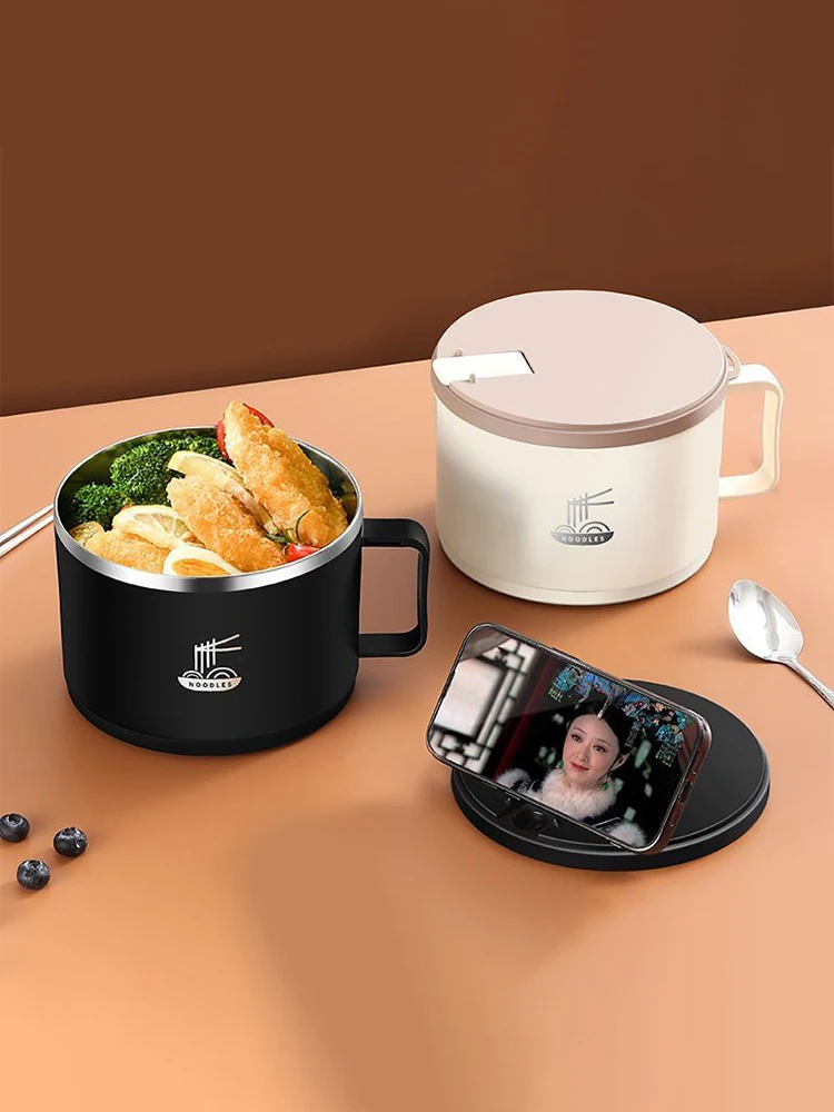 ♥ ♥ Bol à nouilles instantanées en acier inoxydable avec couvercle, boîte à déjeuner Anti-brûlure Double couche de grande capacité