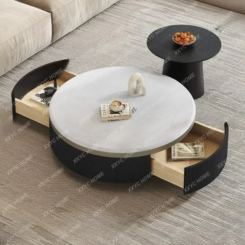 XX Light Luxury Marble Round Coffee Table Set with Large Storage for Living Room