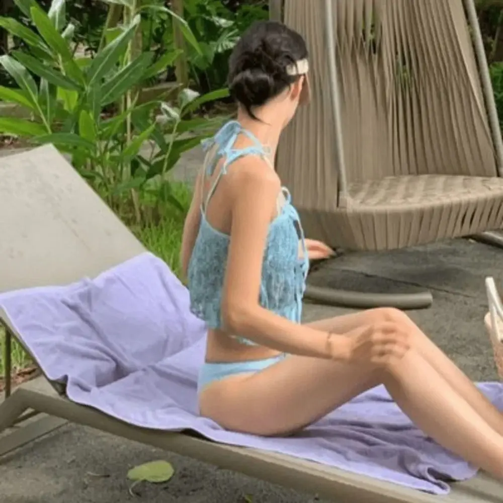 Neck-Mounted Design Thermal Spring Swimsuit Tie-Dye Pattern Slimming Cut Hollow Out Bikini Hollow Out Design Split Style