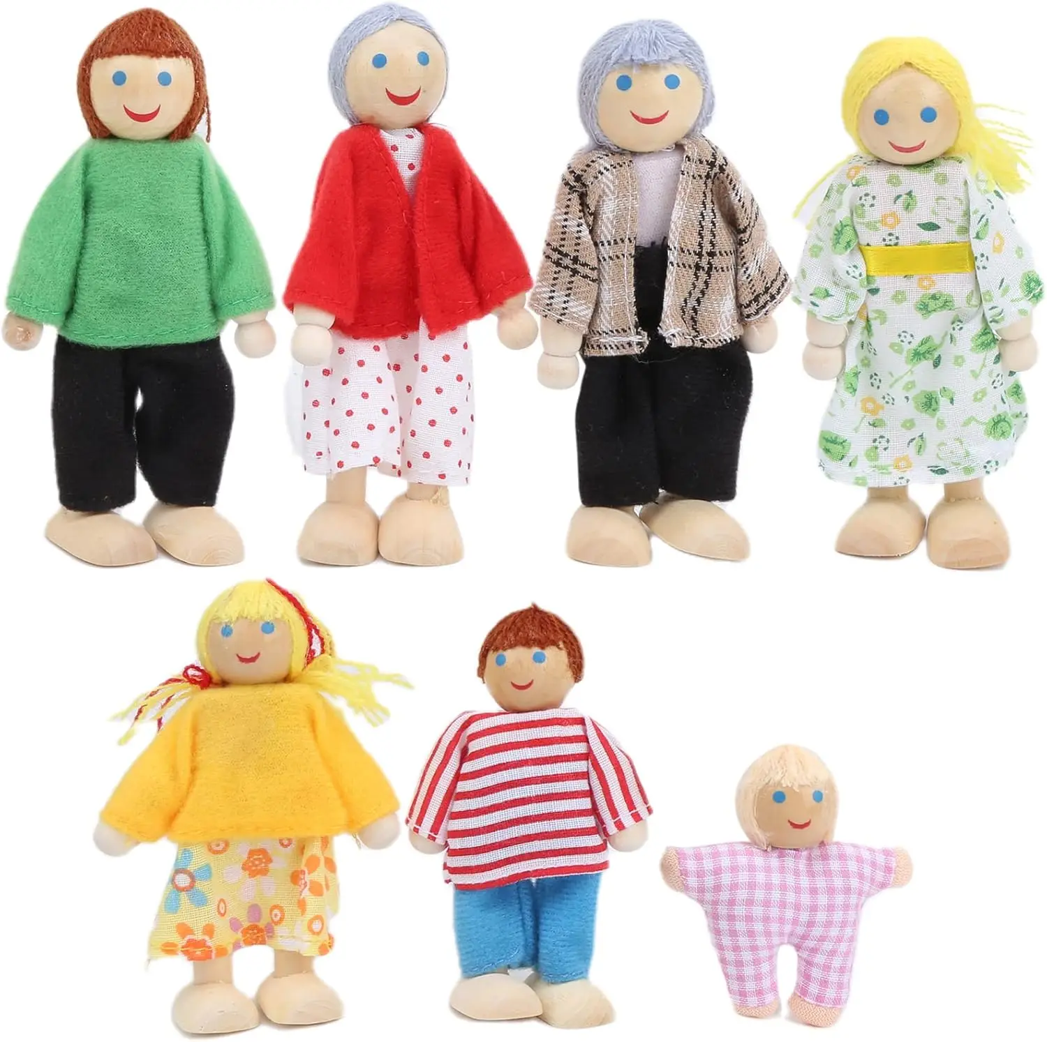 7pcs Wooden Family Dolls Mini People Figures Dollhouse Role Playing Imagination Toys Fun with Dollhouse Family Set Birthday Gift
