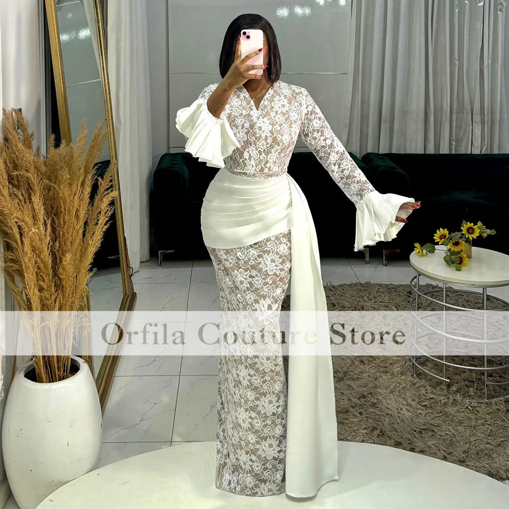 White Prom Dresses Mermaid 2025 For Black Girls Lace Saudi Arabic Evening Dress Long Sleeves Wedding Party Gowns Customized