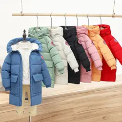 Chaqueta de plumón de algodón con cremallera para niños y niñas, prendas de vestir con capucha de 3 a 10 años, estilo medio largo, versión coreana, otoño e invierno, 2023