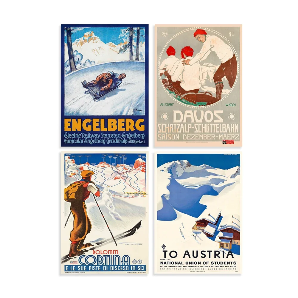 Cortina, Dolomites, Italy -Sport D'hiver -France - Davos Schatzalp-Schlittelbahn, Switzerland - Vintage Ski Poster