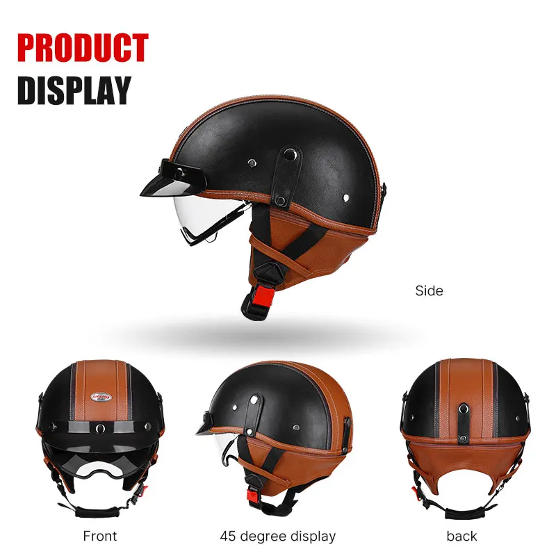 Leather Vintage Motorcycle Half Helmet with Photochromic Glasses DOT ECE Certified Safe Reliable Male and Female Casque Moto - Image 3