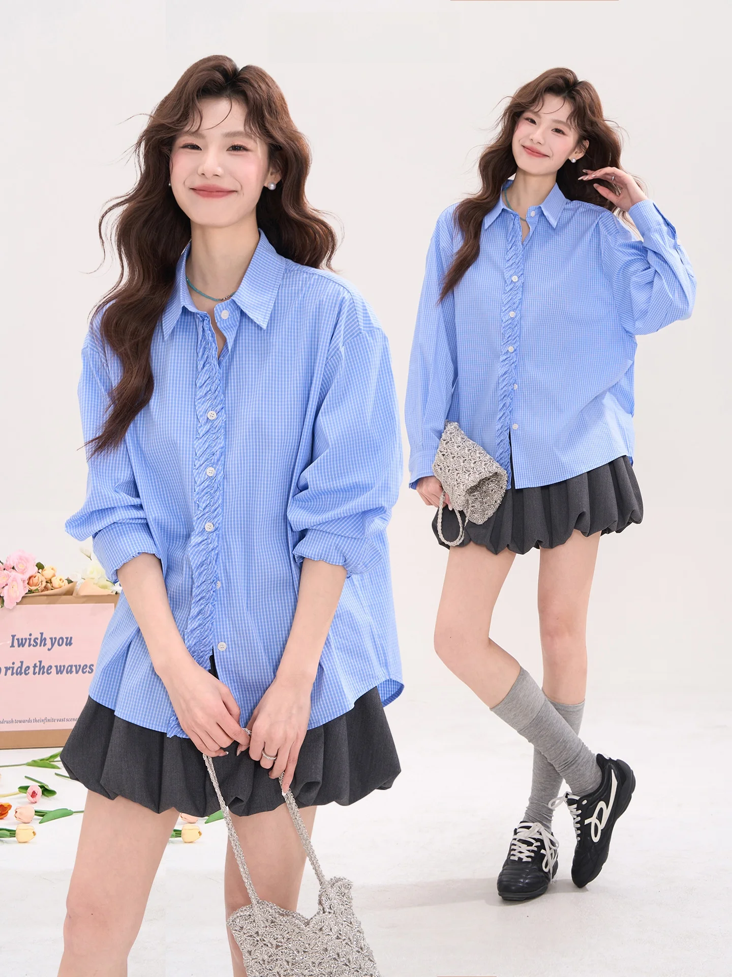 

Casual Plaid Long Sleeve Shirt Women's Spring Commute Casual Style Cotton Blend Comfortable Fit Floral Trim Top