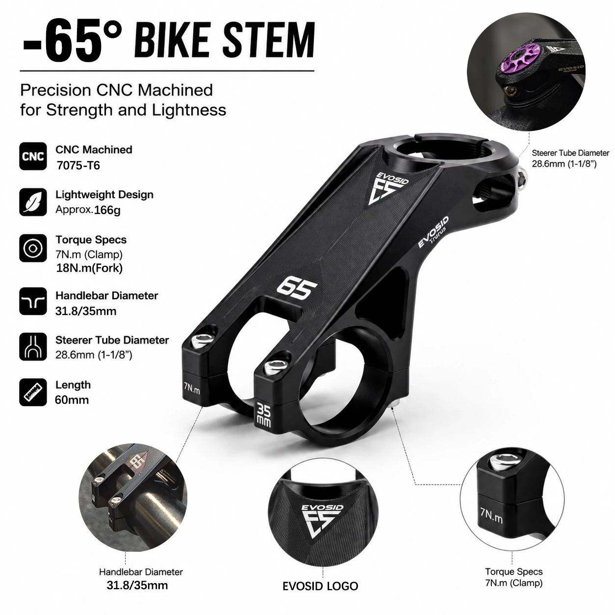 EVOSID Mountain Bicycle Stem 35MM High Strength MTB Bike Stem -65° Degree MTB Bike Handlebar Riser Table 31.8mm For XC/DH/AM/FR