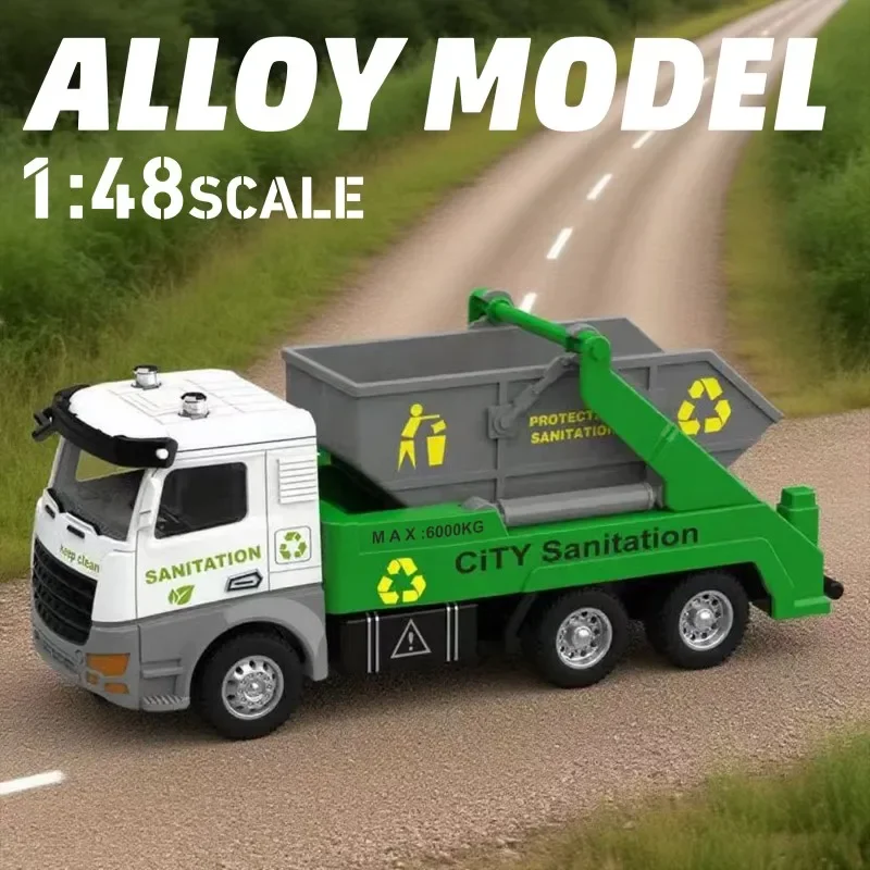 MQUDUO Alloy Refuse Truck Model 1:48 Scale, Green Die Cast Utility Vehicle with Tilting Waste Container for Desktop Collection