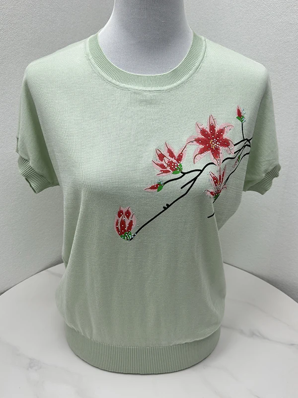 

Summer New Ice Silk Knitted ort Sve T-irt round Ne Print Mom Clothes Thin Small irt Set for Middle-Aged And ly