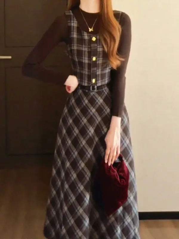 

Retro Stylish Plaid Skirt Tank Top Bottoms Set Fashionable Ensemble Autumn Workwear Warm Midweight round Neck Tank Top