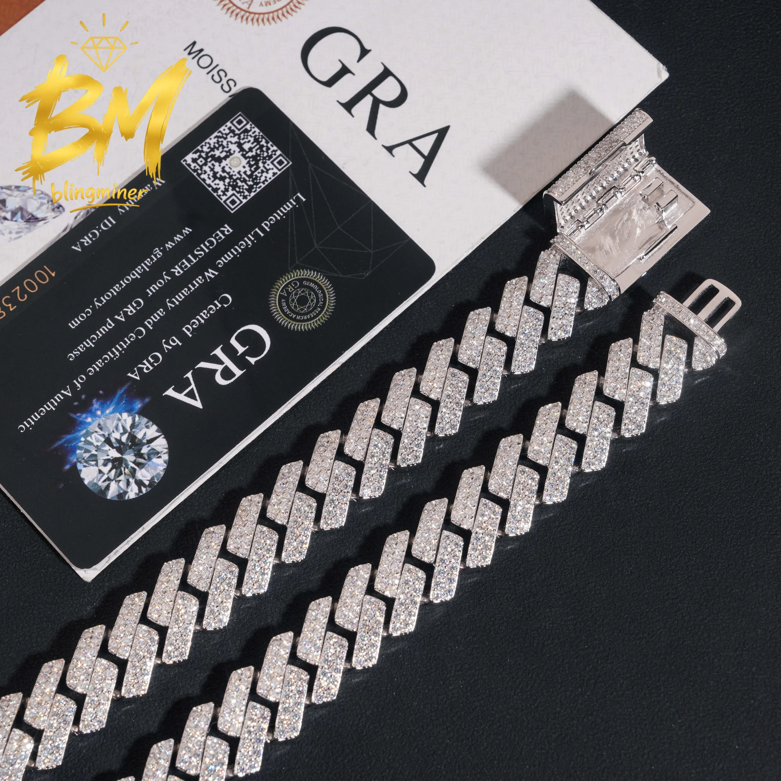 Blingminer 2 Rows 16mm Iced Out S925 Silver VVS Moissanite Cuban Link Chain Necklaces For Men Jewelry Pass Diamonds Tester With