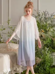 Vintage Modal Gauze Princess Nightgowns For Lady Graduated Color Deliacate Lace Three Quarter Sleepwear Loose Royal Summer Dress