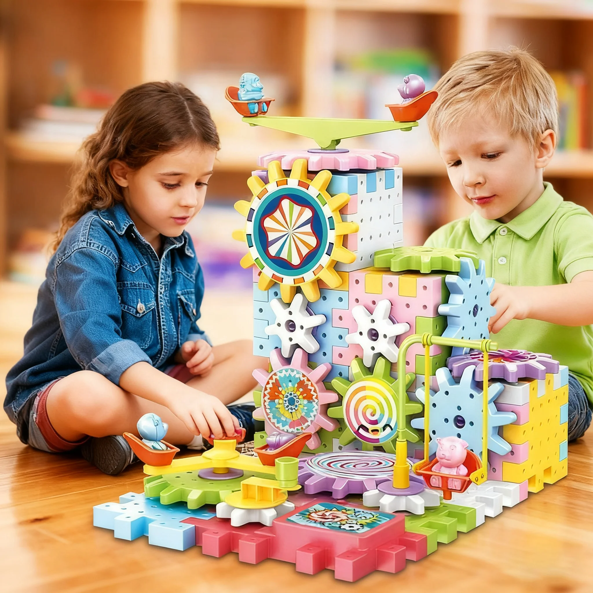 Motorized Spinning Gears Kids Electric Gear Building Toy Set Gear Rail Car Big Building Blocks STEM Construction Toy Set Gifts