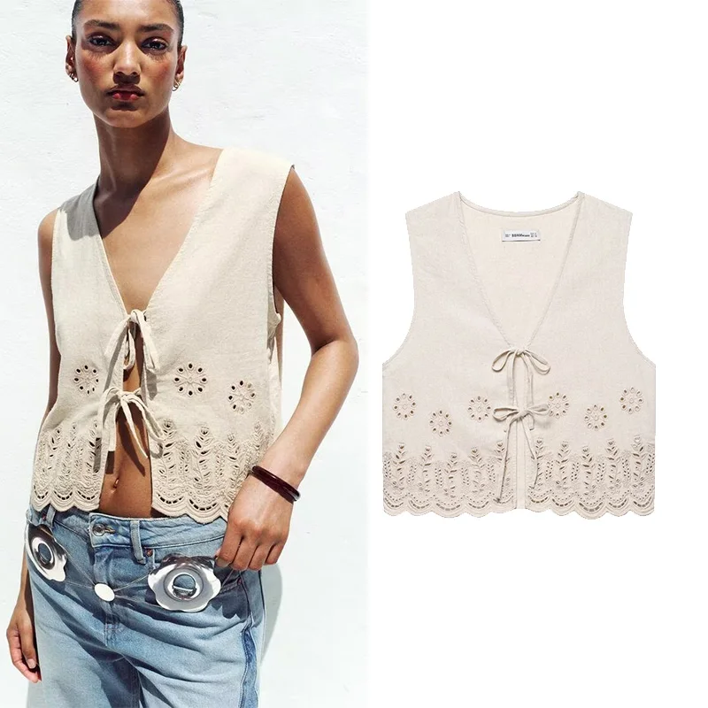 

TRAF Tank Tops Women's Summer 2025 New Chic Embroidery Retro Women's Tops Street Fashion V-neck Joker Youth Tops