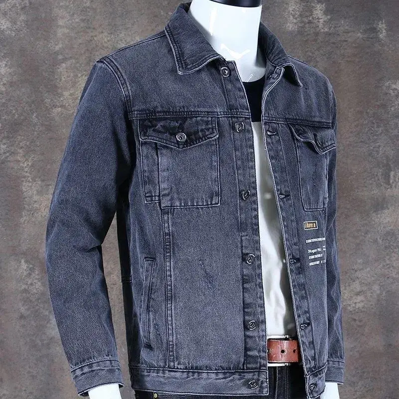 Denim Jackets Man Wide Shoulders Gray Jeans Coat for Men Cargo Washed Designer Big Size Branded of Fabric Low Cost New in Rock G