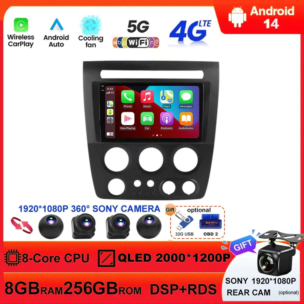 Android14 Car Radio Multimedia Player For Hummer H3 1 2005 - 2010 2 Din Navigation Carplay Autoradio Stereo WIFI  DSP QLED Sreen