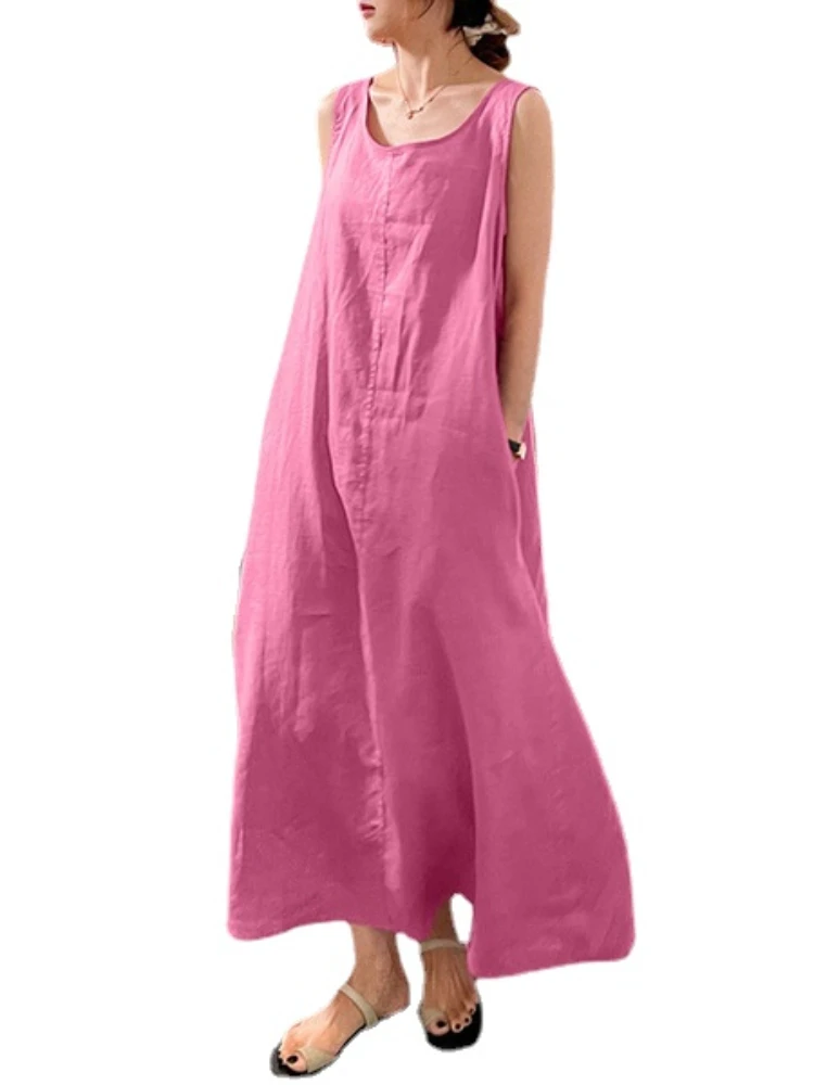 

Summer New Round Neck Loose Pocket Sleeveless Long Dress