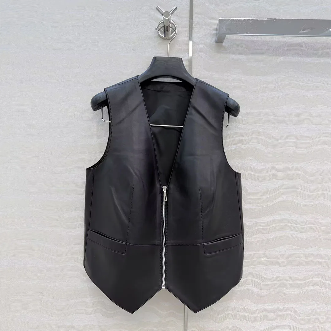 

High Quality 100% Sheepskin Leather Short Design Vest Coat Women V-neck Sleeveless Zipper Fly Vintage Chic Tank Jacket