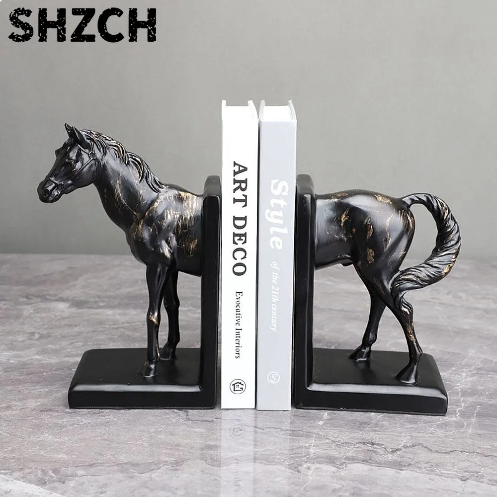 European Style Resin Black Copper Broken Horse Bookends Office Study Desktop Decor