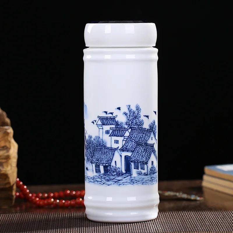 Ceramic vacuum cup for men and women double water cup tea cup with lid blue and white porcelain cup ceramic liner Keep warm gift