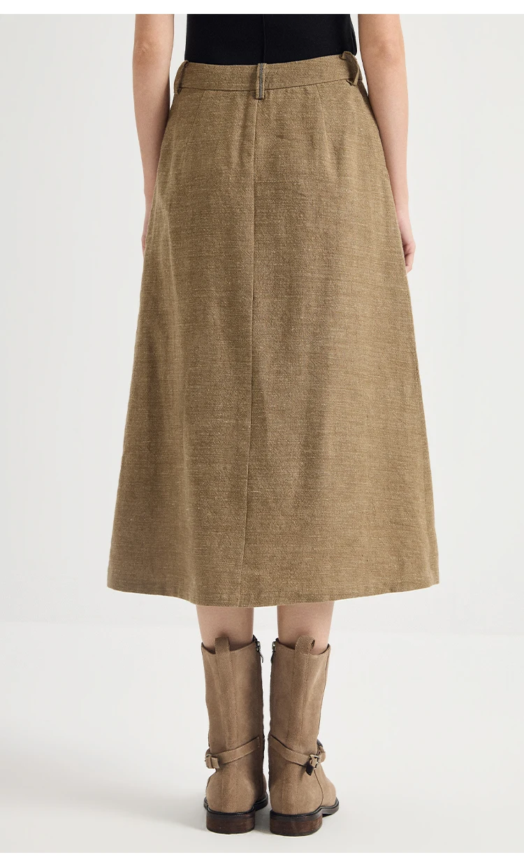 KT7623902 Damen-Midirock aus Leinen-Wollmischung, A-Linie, hohe Taille, vordere Falte, Gürtelschlaufen, leiser Luxus, Frühherbst – Detail 5
