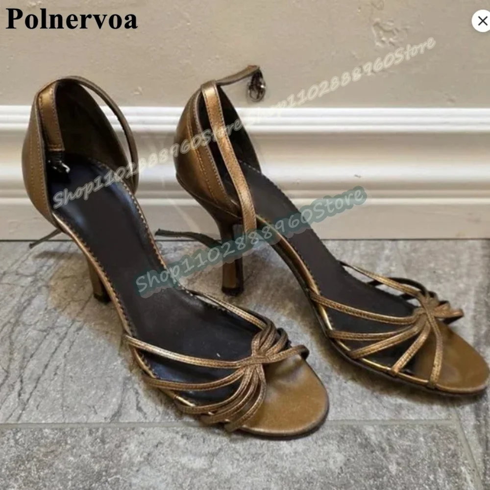 

Stylish Bronze Cross Narrow Strappy Sandals Thin High Heel Shoes For Women Ankle Buckle Strap Open Toe Fashionable Women Sandals