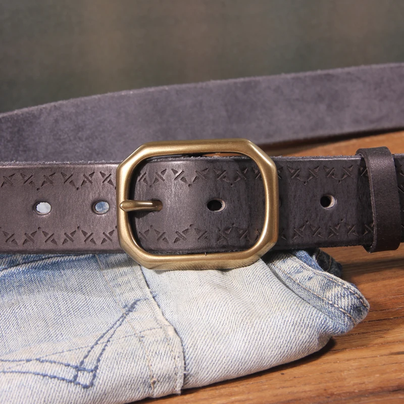 Vintage Luxury Brand Laser Carved Leather Copper Buckle Man's Belt Cowhide Retro Designer Casual Jeans Army Tactical Belt