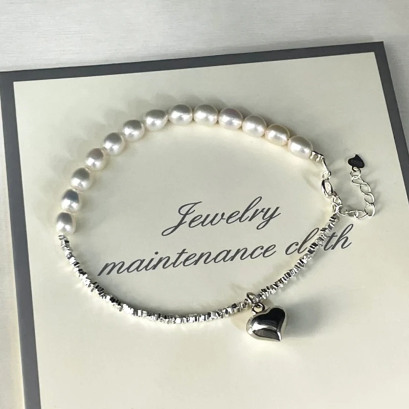 Real Pearl Crushed Silver Bracelet Gift with Natural Freshwater Pearls and Love Heart Gentle and Delicate Bracelet Fine Jewelry