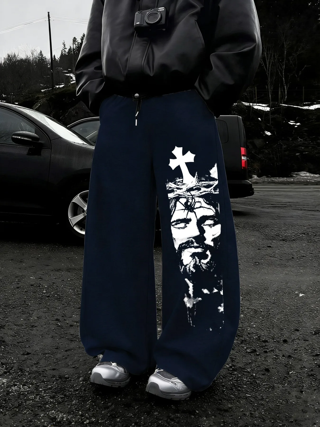 

Men's Trendy Religious Print Drawstring Waist High Street Style Wide Leg Pants for Street Use Versatile Personalized Cross