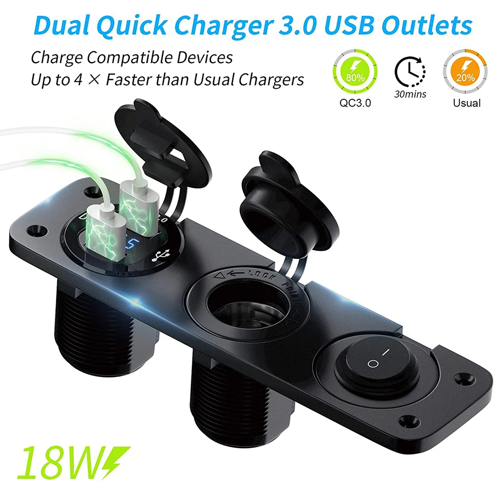 

12-24v Rv Car Charger Socket Waterproof Switch Combination Qc3.0 Quick Charge Dual Usb Socket