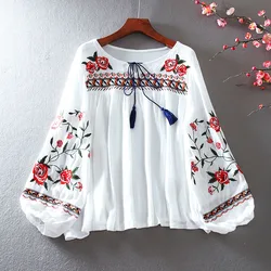 Women Rose Floral Embroidery Linen Blouse Shirt Lace-up Cotton Shirt Ladies Casual Loose Pullover Leisure Blusas Beach Style