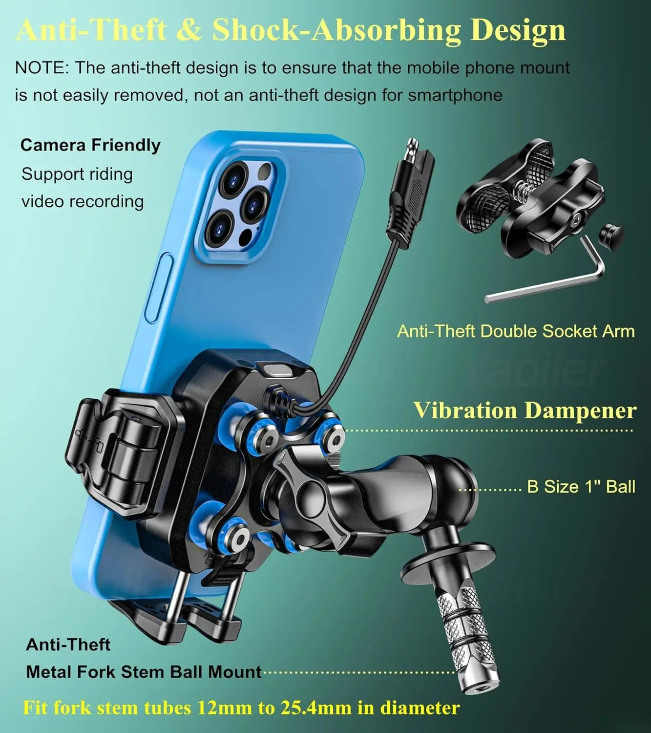 Motorcycle Fork Stem Phone Mount Holder with Qi 15W Wireless Charger & 36W PD/USB-C Fast Charging Port with Vibration Dampener