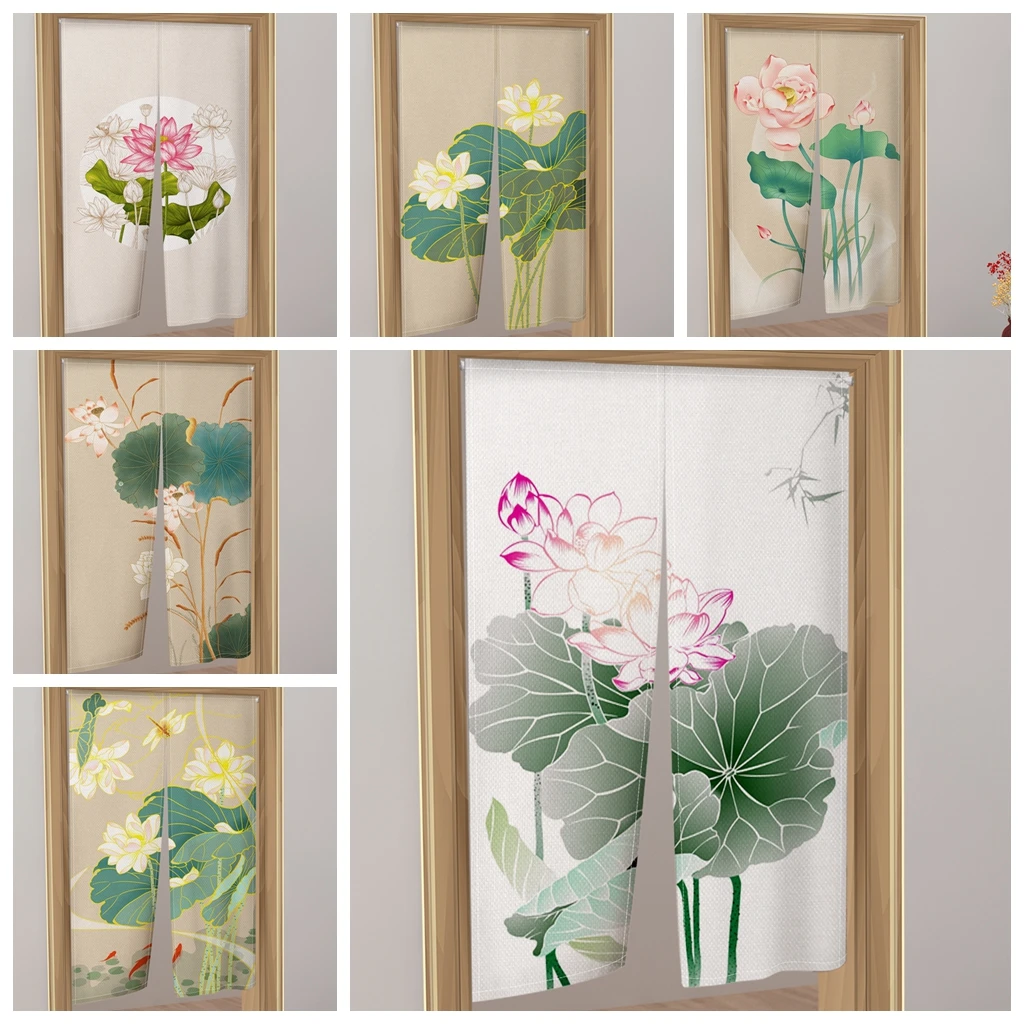

Chinese Lotus Door Curtain Noren Japanese Style Restaurant Kitchen Partition Living Room Bathroom Entrance Hanging Half-Curtains