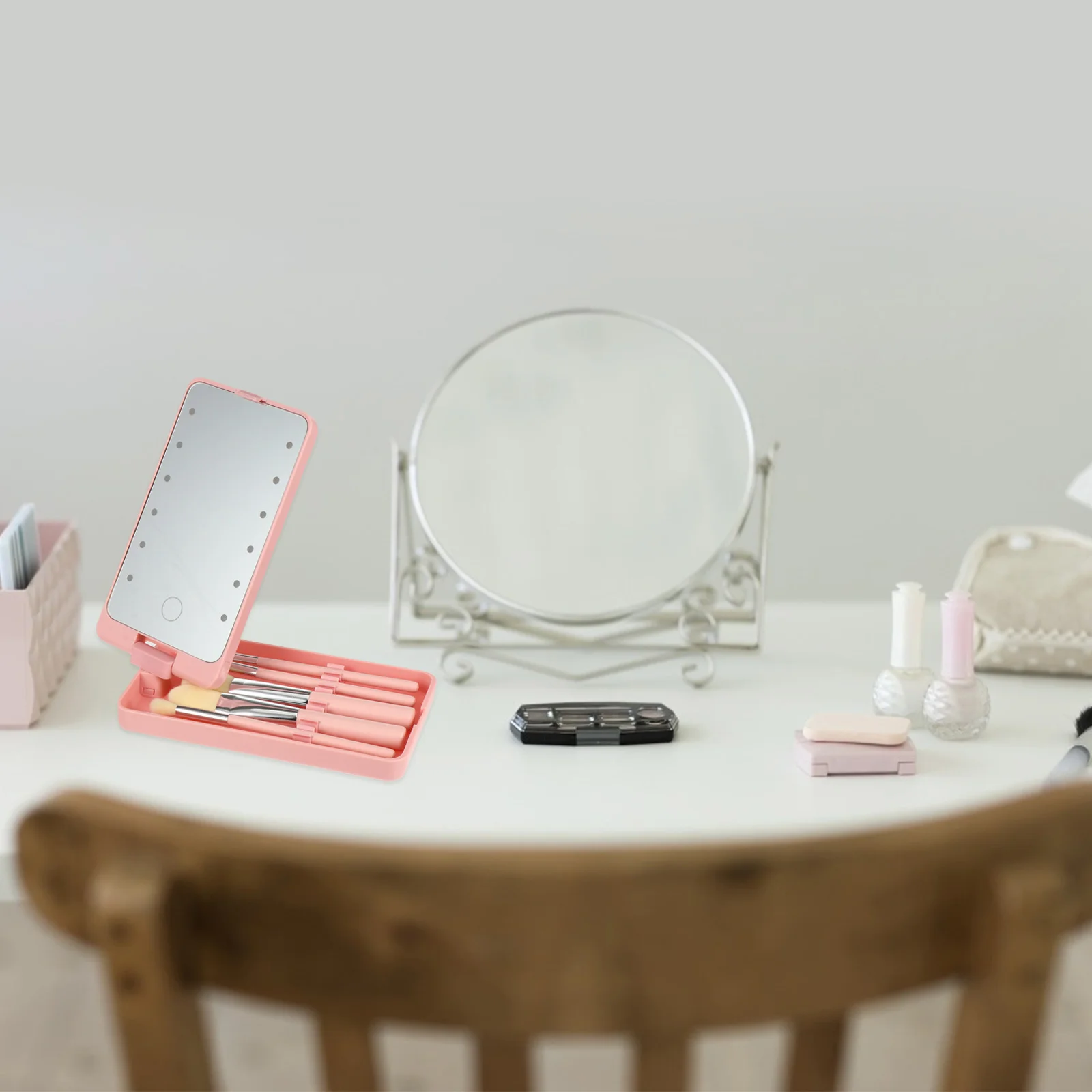 5Pcs Makeup Mirror Set LED Light Folding Travel Mirror with Brush Storage Rotatable Compact Vanity for Women Girls Gift