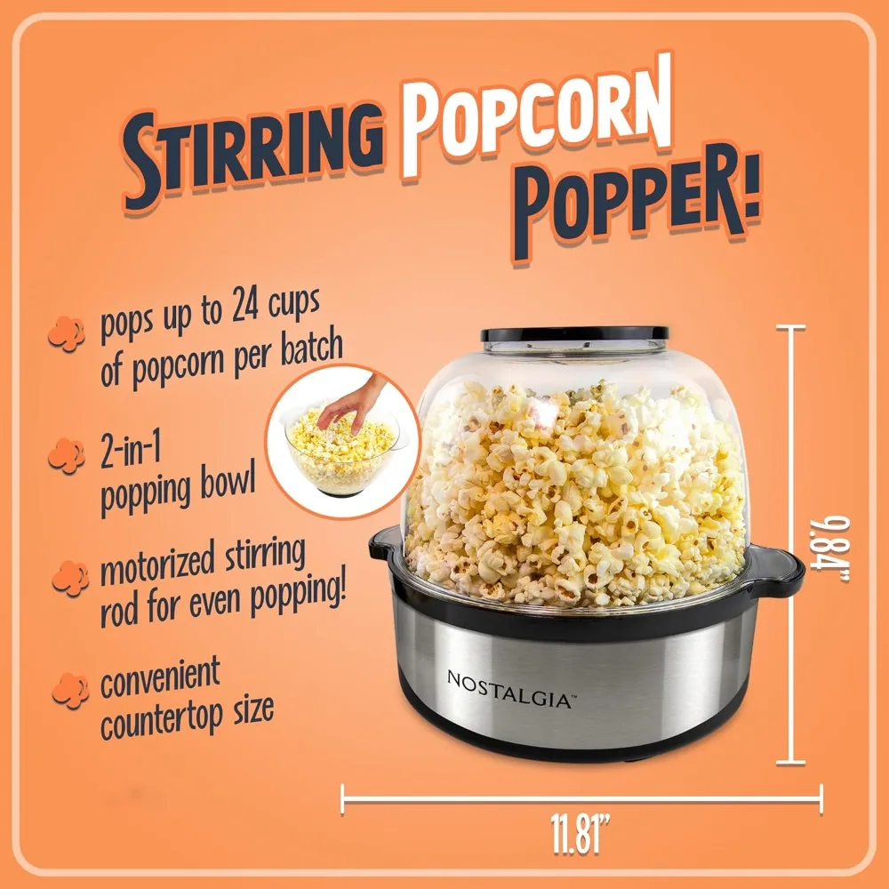 6-Quart Stirring Popcorn Popper, Quick-Heat Technology - Makes 24 Cups - Includes Kernel Measuring Cup - Stainless