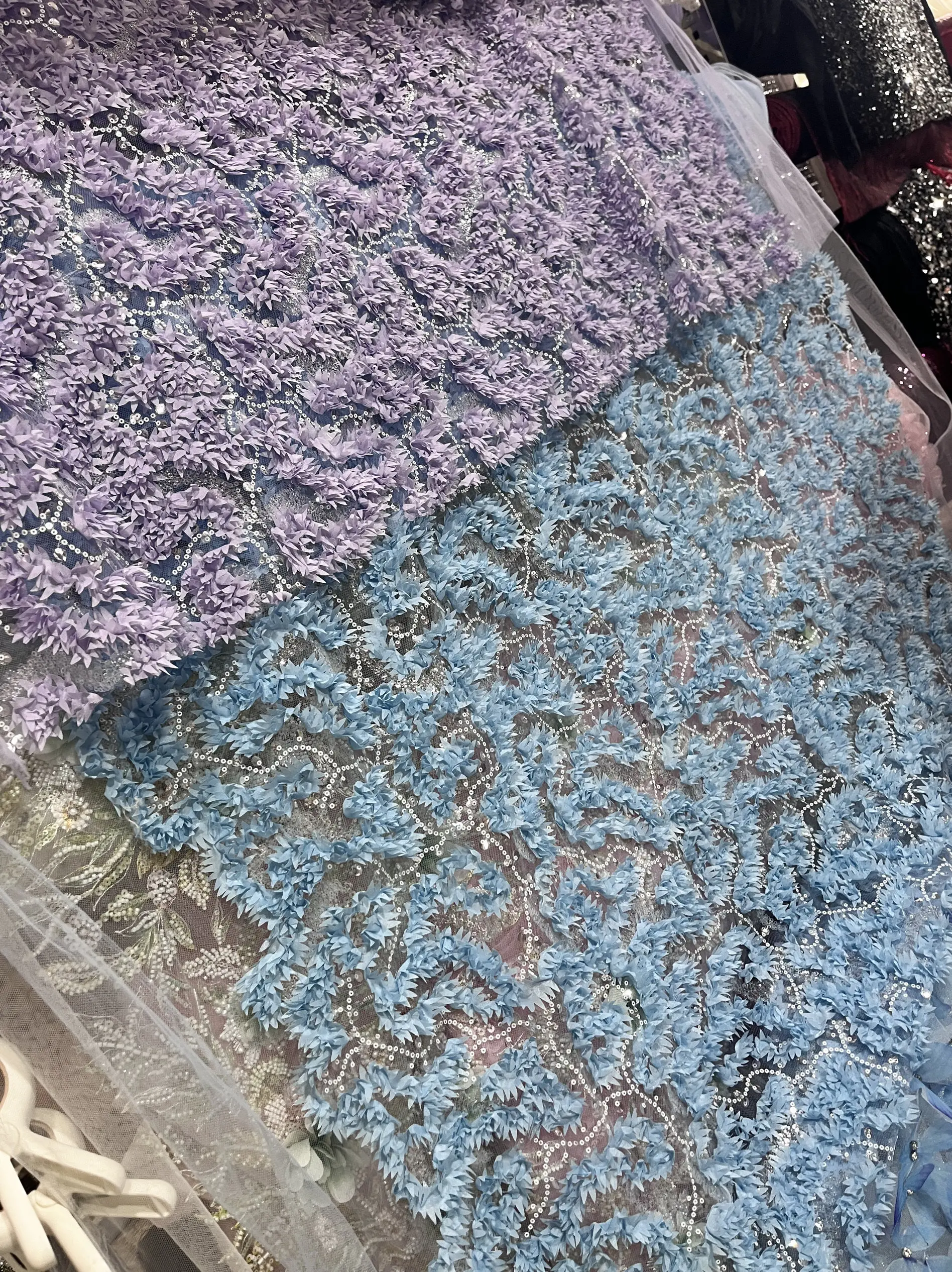 Blue 3D Bubble Beaded Floral Embroidered Sequin Mesh Fabric for Evening Gowns Princess Dresses  Couture Sewing