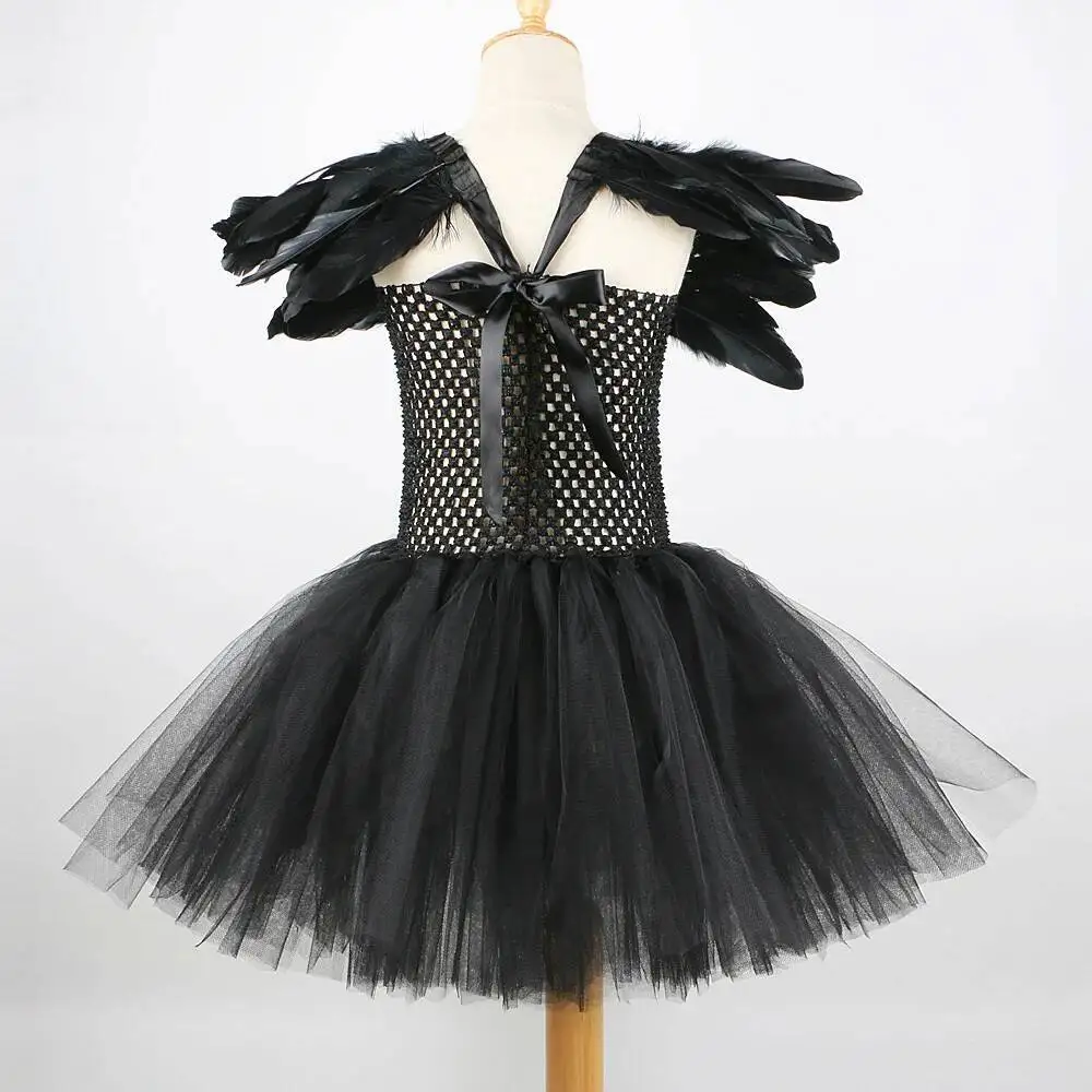 Dark Angel Halloween Costumes for Girls Carnival Party Disguise Dresses for Kids Black Angel Fancy Outfit with Feathers Wings