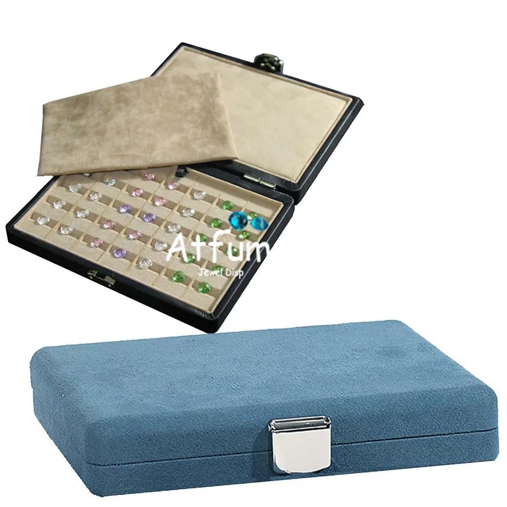 

Quality 35Slots Diamond Storage Box PU Gemstone Organizer Exhibition Case Gems Packaging Carring Box Stone Showcase Blue Velvet