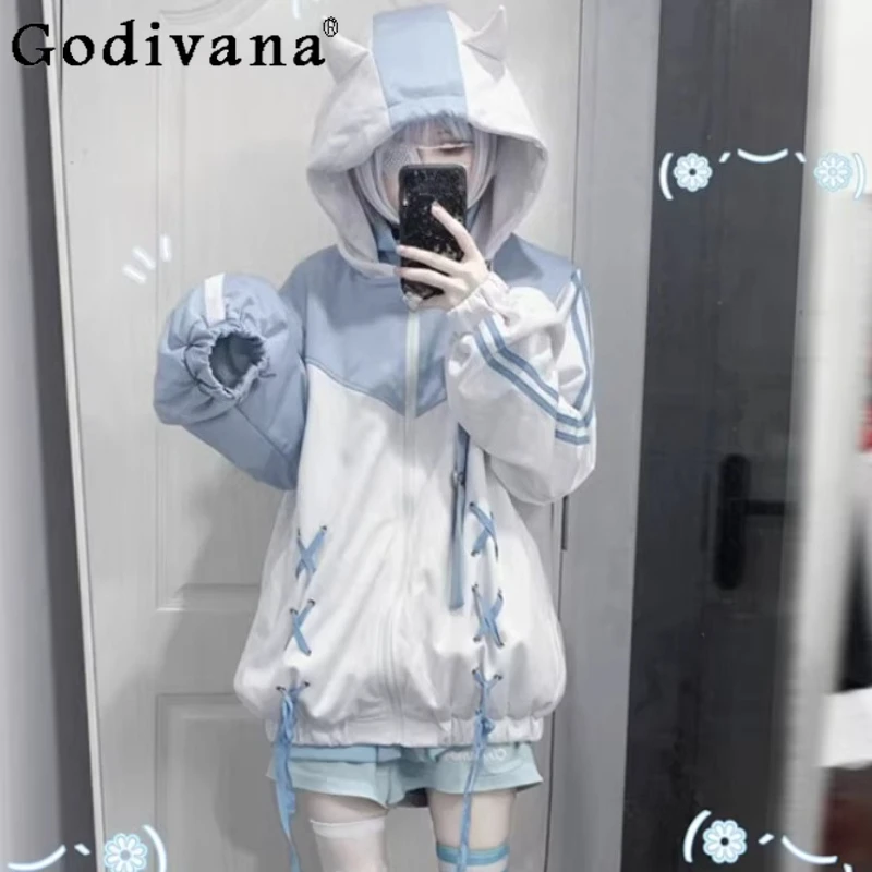

New Sweet Japanese Zipper Subculture Loose Hooded Jacket Fashion Versatile Age Reduction Girl Lace-up Long Sleeve Sweatershirt