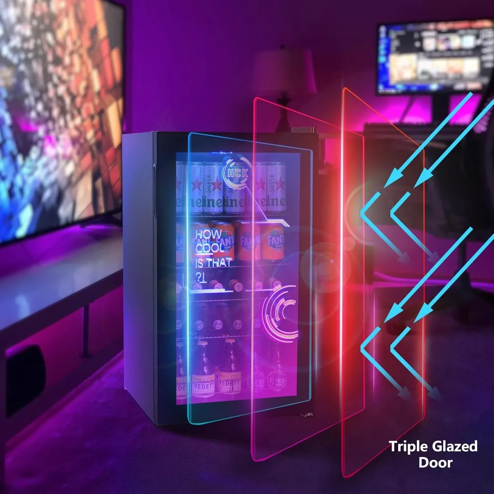 Beverage Refrigerator, Mini Gaming Fridge with Glass Door, Black Cyberpunk Beer Fridge LED Lighting Bar Fridge