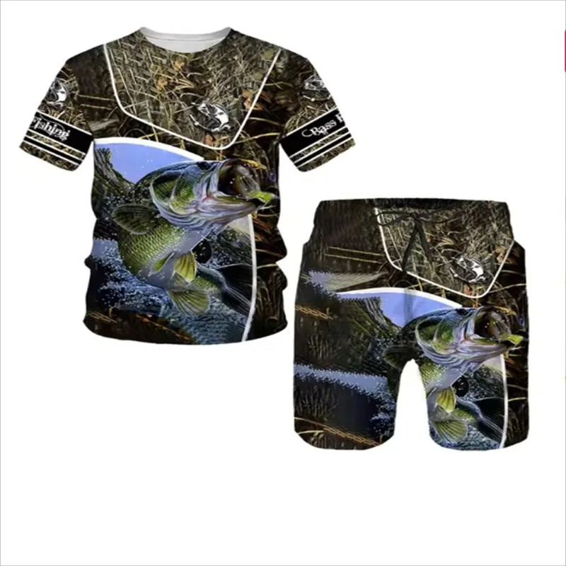 2025 3D Printed Round Neck T-shirt Fashion Loose Sports Men's Outdoor Fishing Shorts 2-piece Set