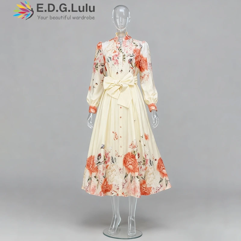 EDGLuLu Retro Stand Up Collar Puff Sleeve Floral Print Dress 2025 New Women's Clothing Single-Breasted Belt Waist Long Dress1115